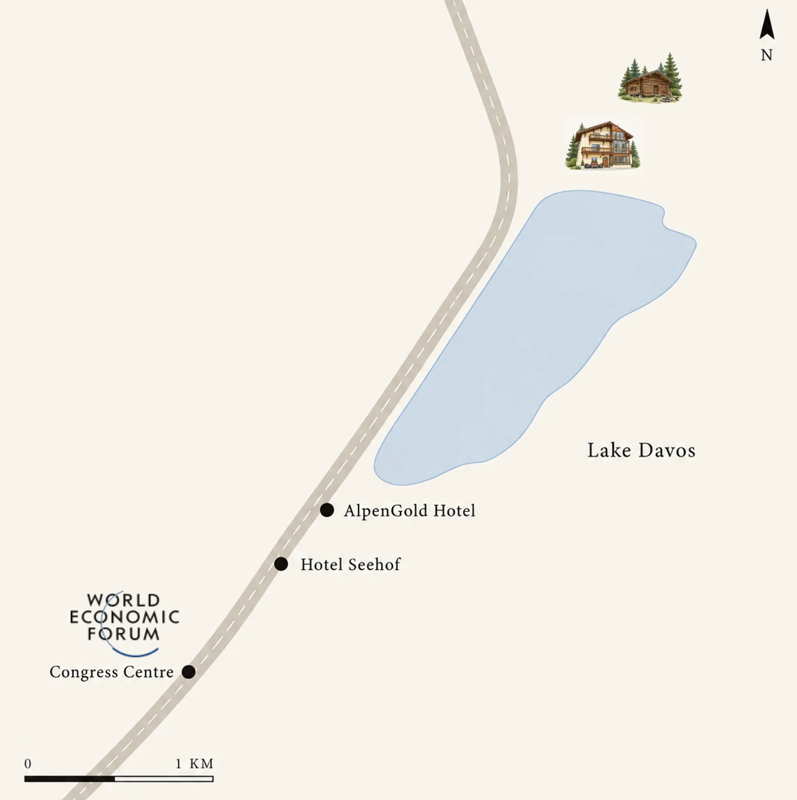 Map: the WEFhut at the top of Lake Davos, the road into Davos past the AlpenGold Hotel and Hotel Seehof to the Congress Centre